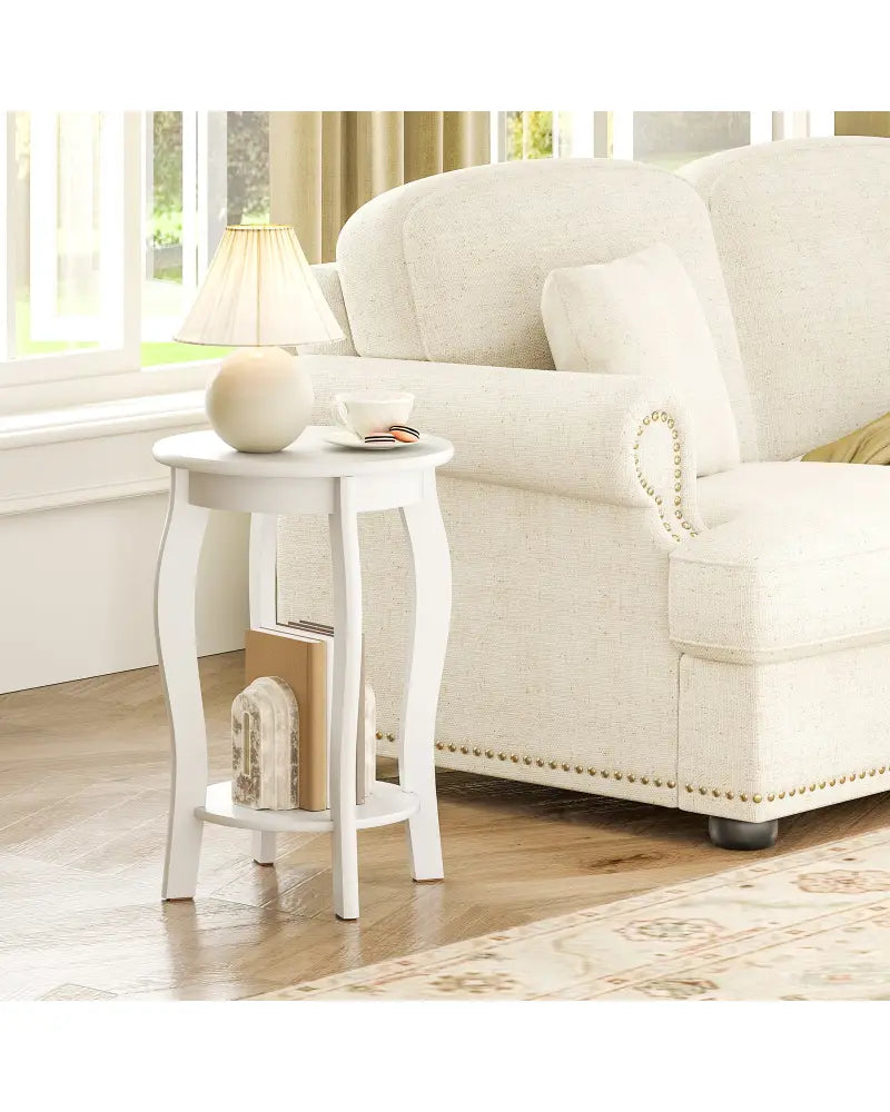 Set of 2 15 Inch 2-Tier Round End Table with Storage Shelf-White - White - End & Side Tables