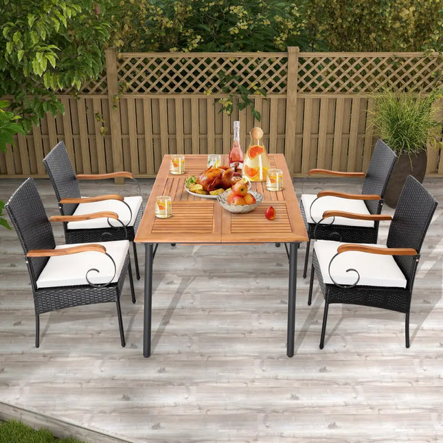 Set of 2/4 Outdoor PE Wicker Chair with Acacia Wood Armrests-Set of 4 - Patio Dining Chairs