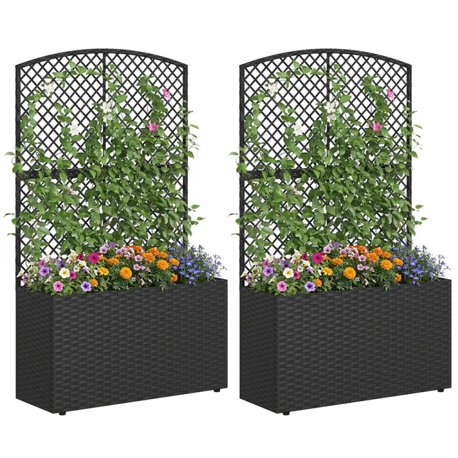 Set of 2 49 Inch Raised Garden Bed with Trellis and Wicker Planter Box-Black - Black - Raised Garden Beds