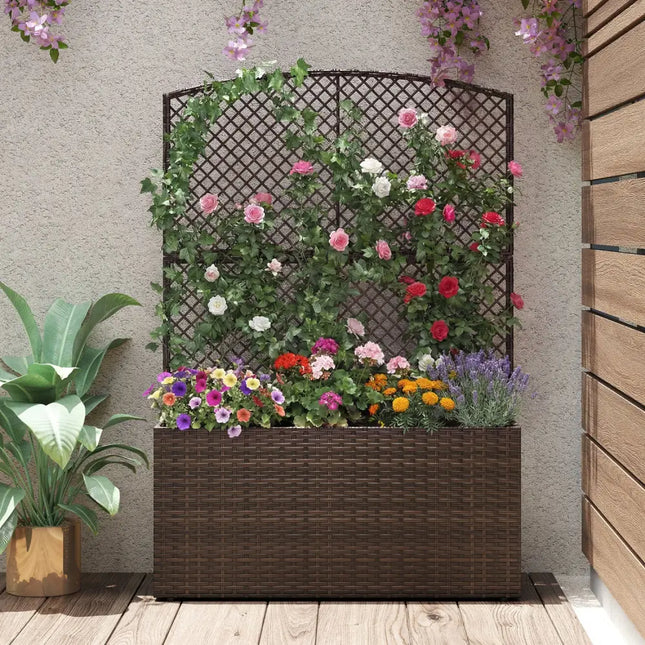 Set of 2 58 Inch Raised Garden Bed with Trellis and Wicker Planter Box-Brown - Brown - Raised Garden Beds
