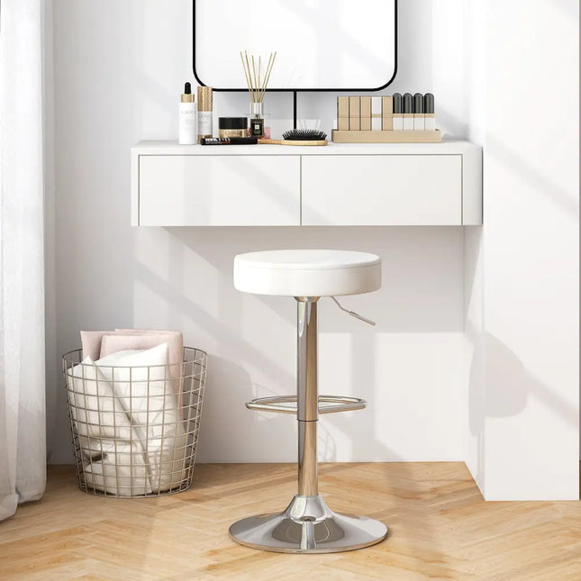 Set of 2 Adjustable Round PU Leather Swivel Barstool with Chrome Footrest-White - White - Bar Stools