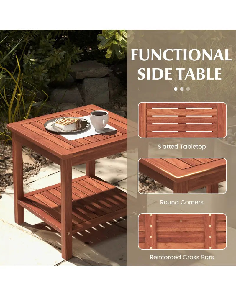 Set of 2 Double-Tier Acacia Wood Patio Side Table with Slatted Tabletop and Shelf - Natural - Patio Coffee Tables