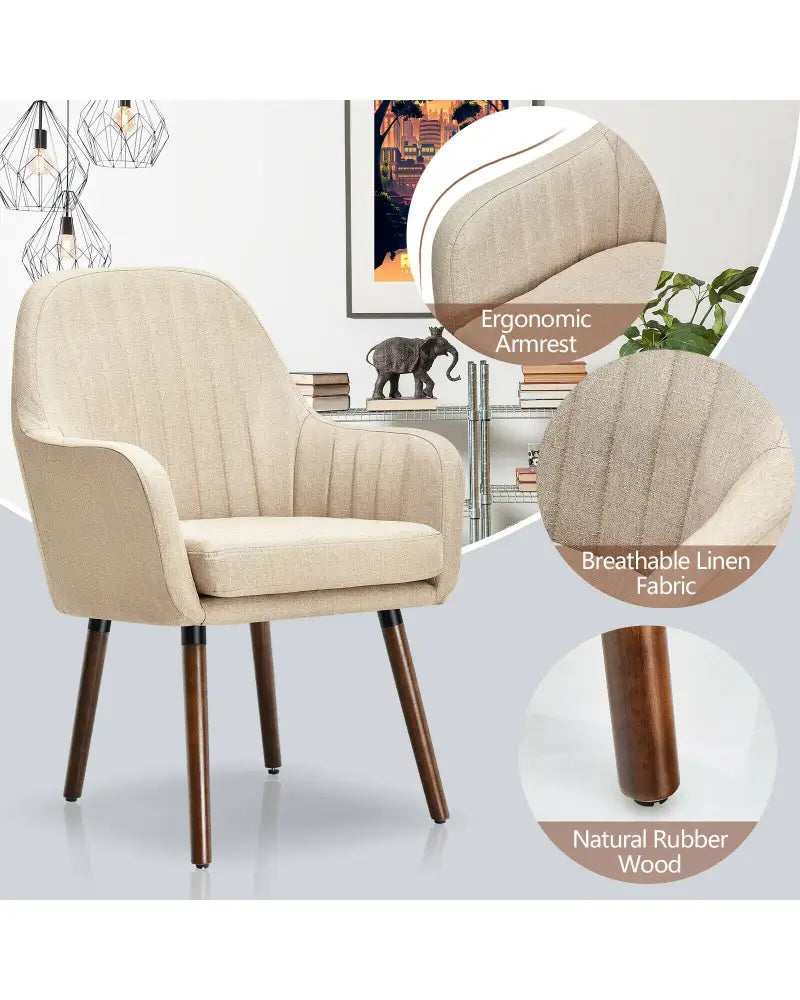 Set of 2 Fabric Upholstered Accent Chairs with Wooden Legs-Beige - Beige - Accent Chairs