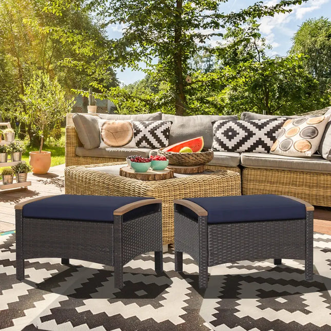 Set of 2 Fade-Resistant Wicker Patio Ottoman-Navy - Navy - Outdoor Seating & Patio Chairs