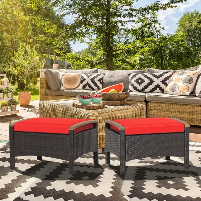 Set of 2 Fade-Resistant Wicker Patio Ottoman-Red - Red - Outdoor Seating & Patio Chairs