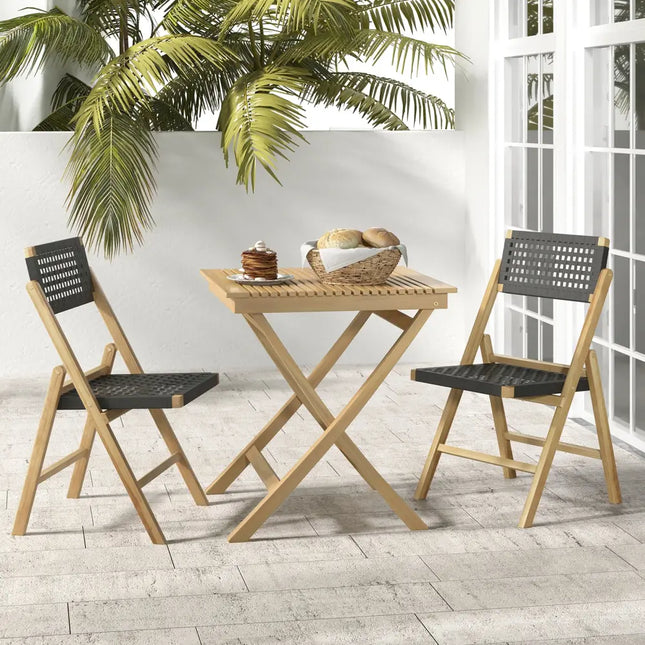 Set of 2 Folding Chairs Indonesia Teak Wood Dining Chairs with Woven Rope Seat and Back - Natural - Patio Dining Chairs