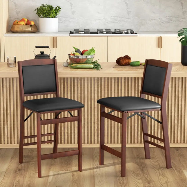 Set of 2 Folding Kitchen Island Stool with Rubber Wood Legs-Brown - Brown - Bar Stools
