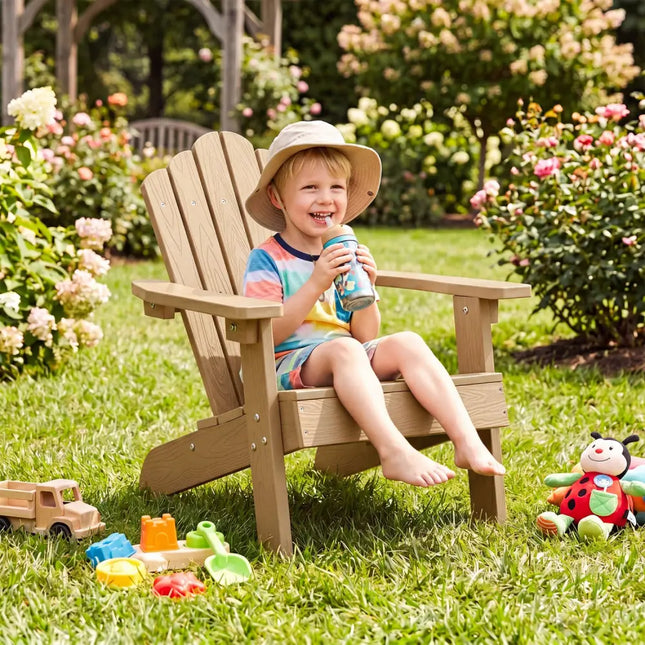 Set of 2 Kids Adirondack Chairs All-weather Outdoor Chairs for Children with Tilted High Backrest-Brown - Brown