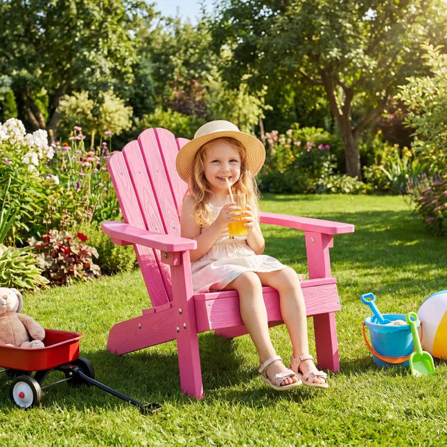 Set of 2 Kids Adirondack Chairs All-weather Outdoor Chairs for Children with Tilted High Backrest-Pink - Pink