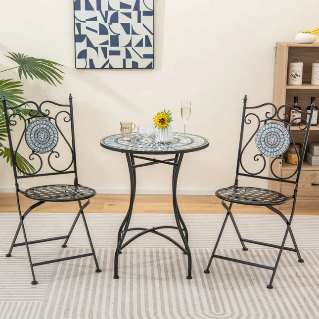 Set of 2 Mosaic Chairs for Patio Metal Folding Chairs-B - Black - Patio Dining Chairs