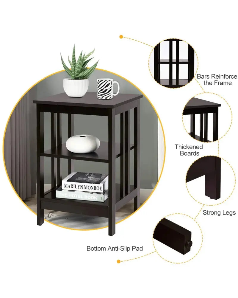 Set of 2 Multifunctional 3-Tier Nightstand Sofa Side Table with Reinforced Bars and Stable Structure-Dark Brown - Dark