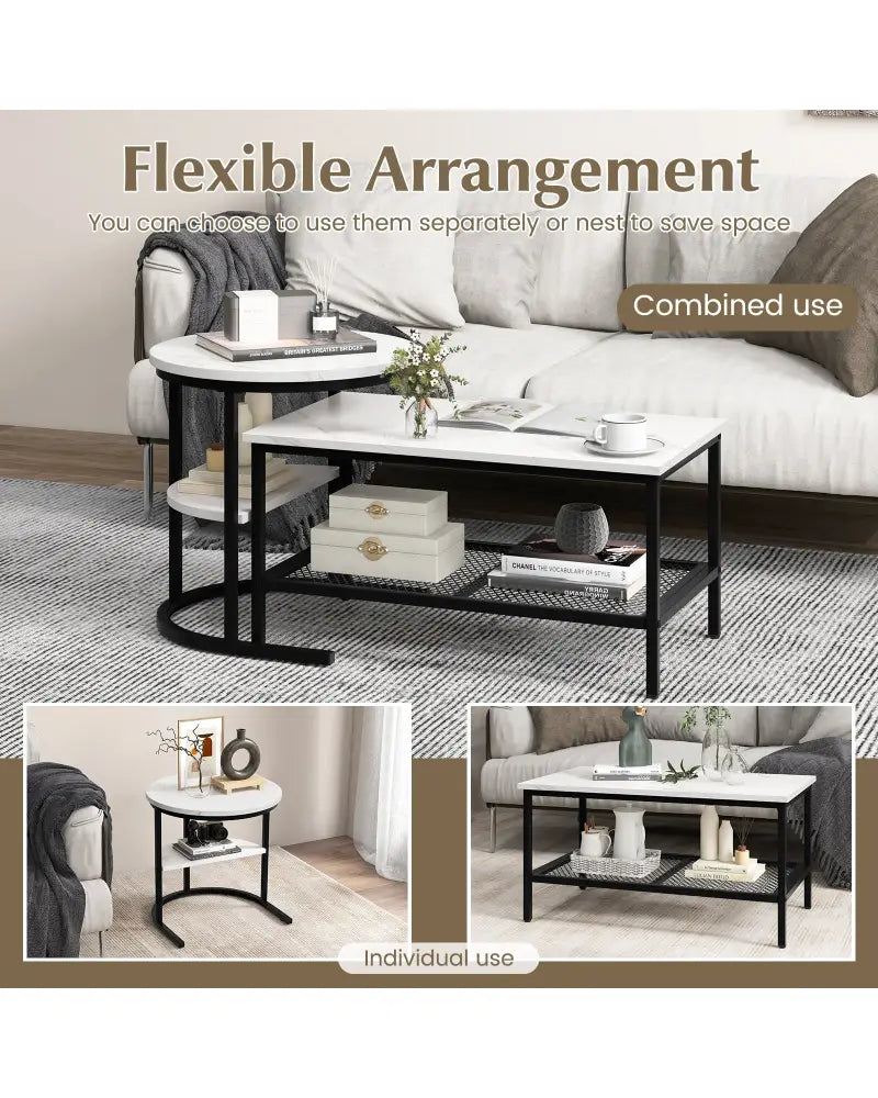 Set of 2 Nesting Coffee Table with Extra Storage Shelf for Living Room-Black - Black - Coffee Tables