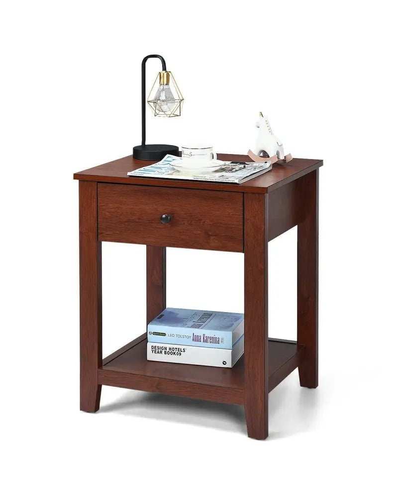 Set of 2 Nightstand with Storage Shelf and Pull Handle - Brown - Nightstands