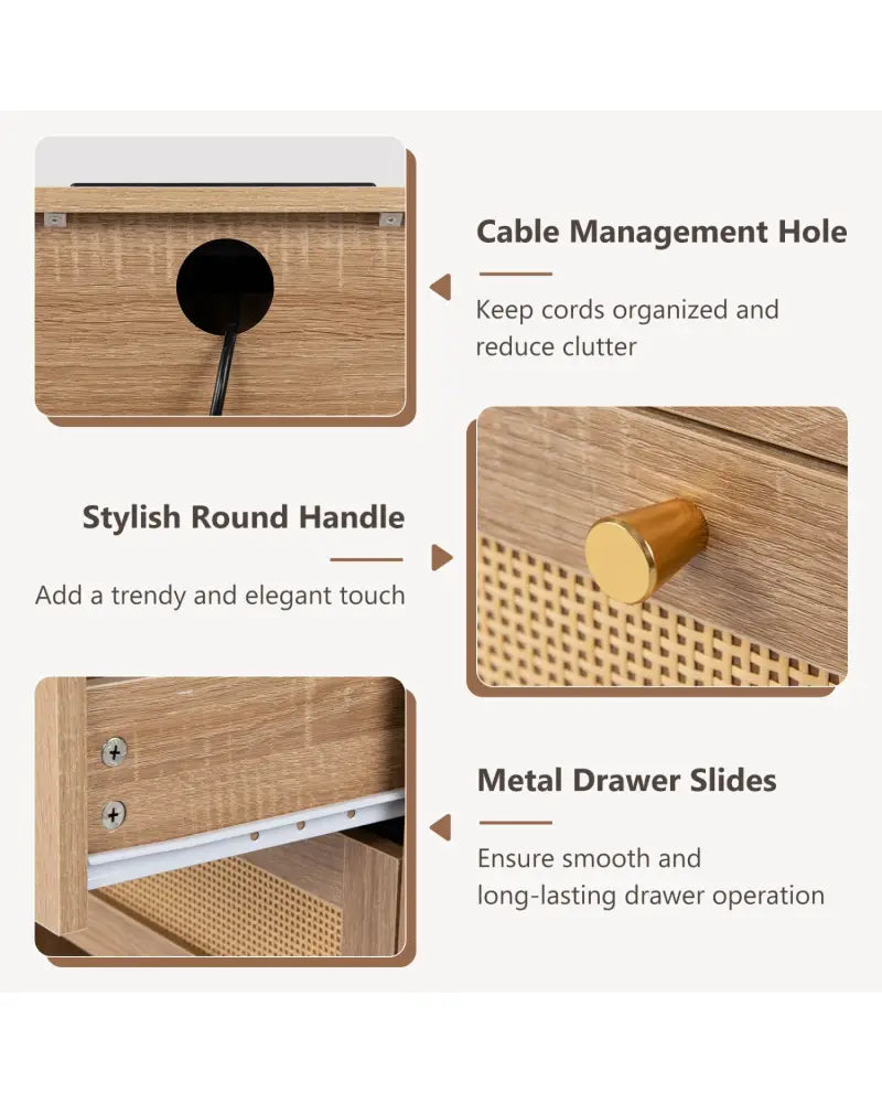 Set of 2 Nightstands with Charging Station and LED Light Strip for Bedroom and Living Room-Oak - Oak - Nightstands