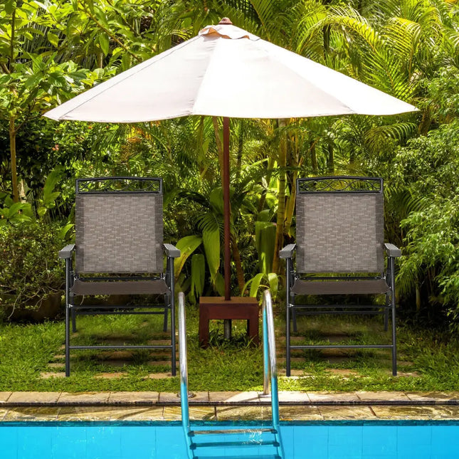 Set of 2 Patio Folding Chairs Sling Portable Dining Chair Set with Armrest - Brown - Patio Dining Chairs