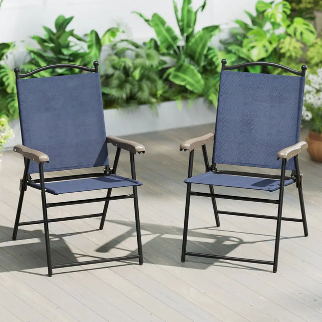 Set of 2 Patio Folding Sling Back Camping Deck Chairs-Navy - Navy - Patio Dining Chairs