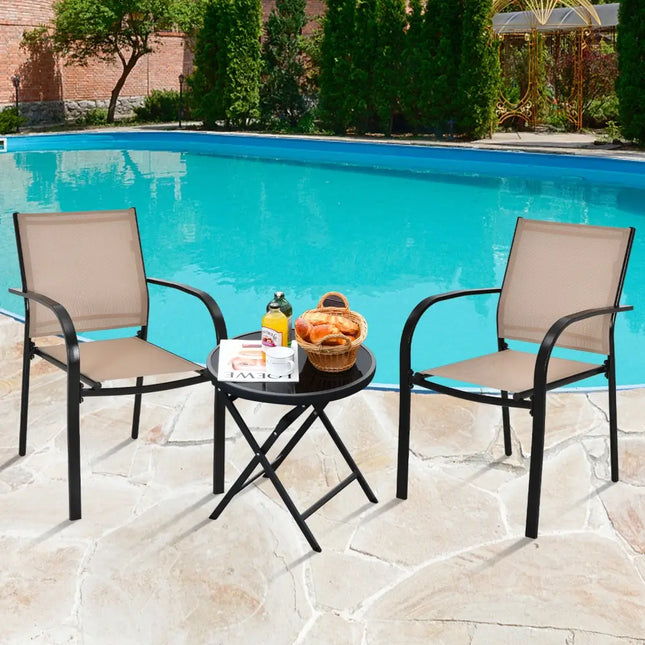 Set of 2 Patio Stackable Dining Chairs with Armrests Garden Deck-Brown - Brown - Patio Dining Chairs
