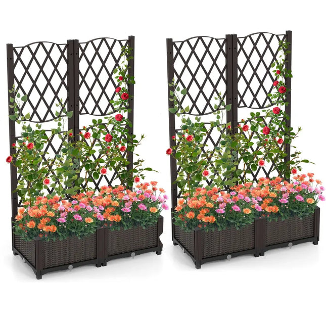 Set of 2 PE Rattan Raised Garden Bed with Trellis Planter Box for Climbing Plants-Rustic Brown - Rustic Brown - Raised