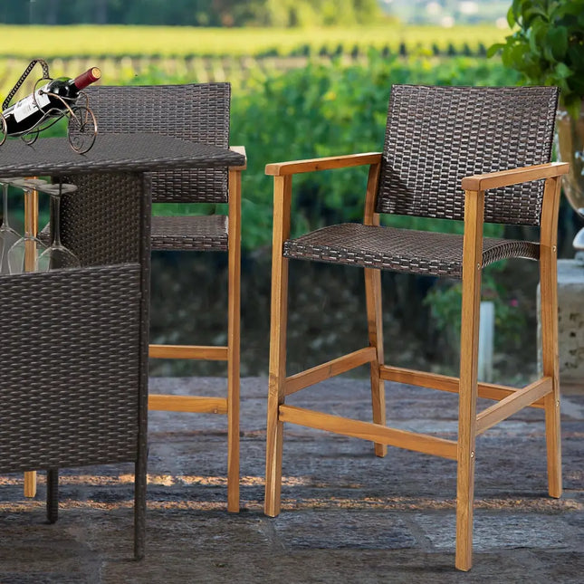 Set of 2 PE Wicker Patio Bar Chairs with Acacia Wood Armrests-Set of 2 - Brown - Patio Bar Furniture