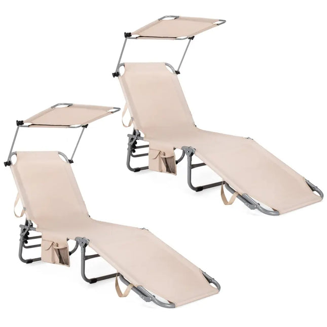Set of 2 Portable Reclining Chair with 5 Adjustable Positions-Beige - Beige - Outdoor Chaise Lounges