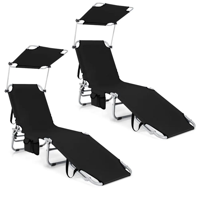 Set of 2 Portable Reclining Chair with 5 Adjustable Positions-Black - Black - Outdoor Chaise Lounges