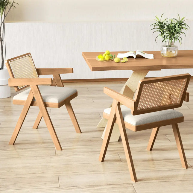 Set of 2 Rattan Accent Chairs with Padded Cushion and Rubber Wood Frame-Beige - Beige - Accent Chairs