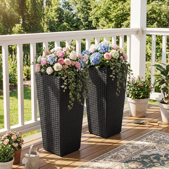 Set of 2 Rattan Tall Plant Pots with Detachable Plastic Liners-Black - Black - Raised Garden Beds