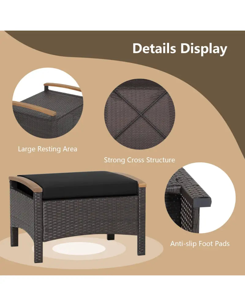 Set of 2 Wicker Patio Ottoman Fade-Resistant Foot Rest with Cushion-Black - Black - Outdoor Seating & Patio Chairs