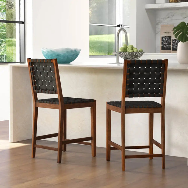 Set of 2 Woven Bar Stools with Faux PU Leather Straps-Black - Black - Bar Stools