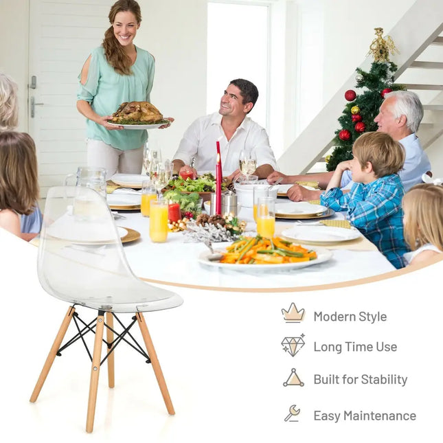 Set of 4 Dining Chairs Modern Plastic Shell Side Chair with Clear Seat and Wood Legs-Natural - Natural - Dining Chairs