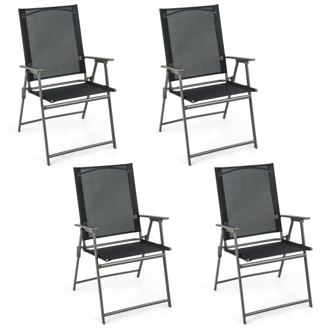Set of 4 Patio Folding Chair Set with Rustproof Metal Frame-Black - Black - Beach & Lawn Chairs