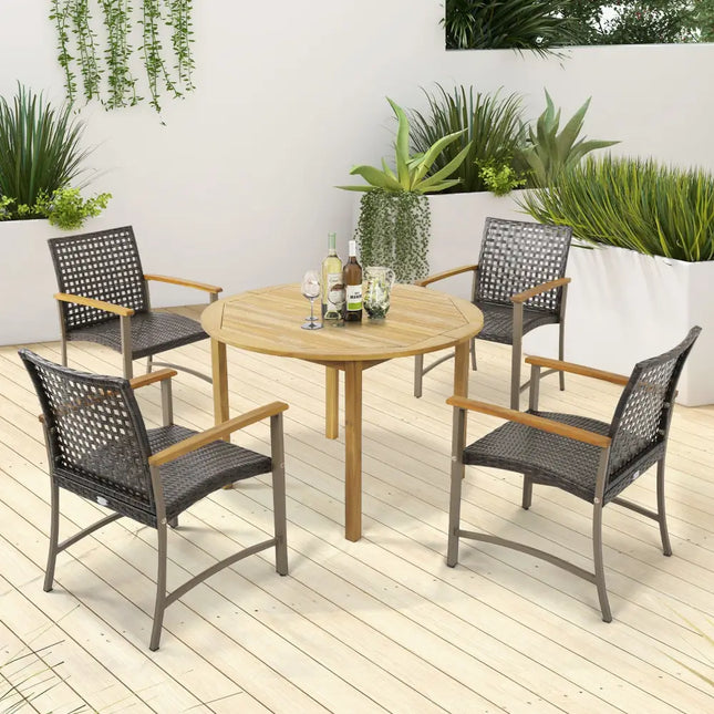 Set of 4 Patio Rattan Dining Chairs with Acacia Wood Armrests-Set of 4 - Gray - Patio Dining Chairs