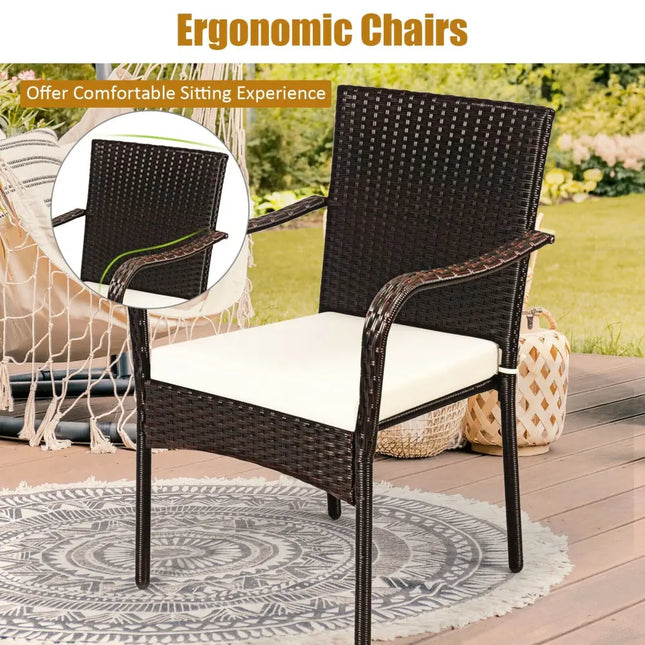 Set of 4 Patio Rattan Stackable Dining Chair with Cushioned Armrest for Garden - Light Brown - Patio Dining Chairs