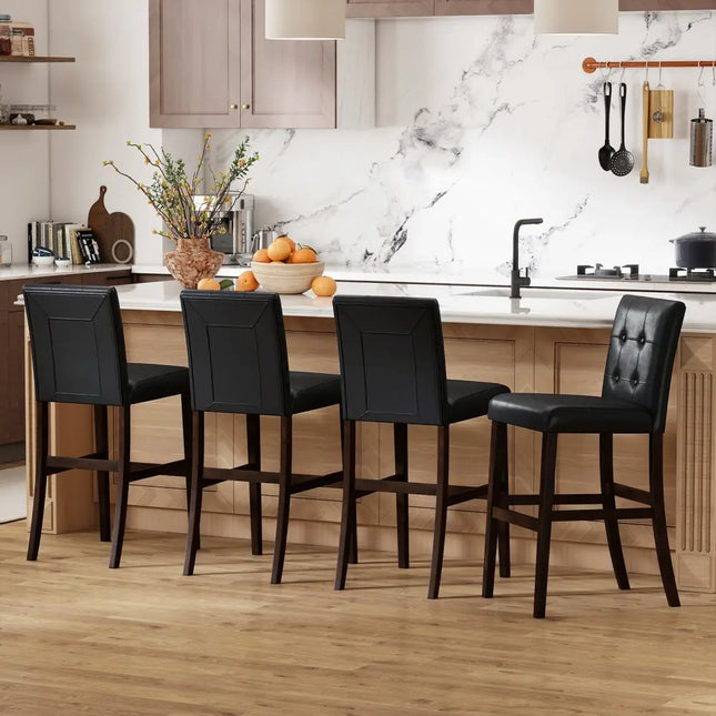 Set of 4 PVC Dining Leather Bar Stools with Solid Wood Legs-24 icnh - Bar Stools