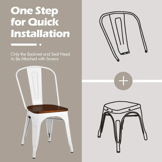 Set of 4 Tolix Style Metal Dining Wood Seat-White - White - Dining Chairs