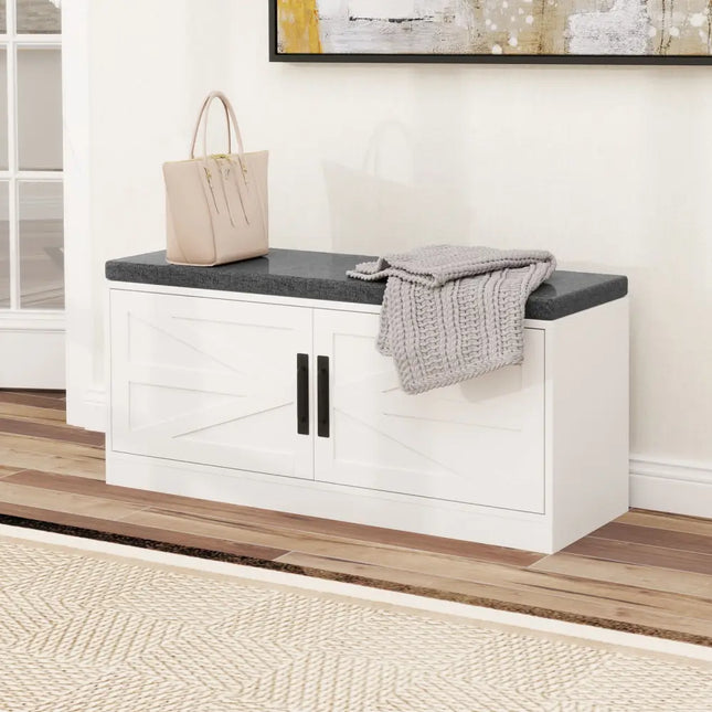 Shoe Bench with Cushion Farmhouse Shoe Rack Organizer with 2 Barn Doors-White - White - Shoe Racks & Storage Benches