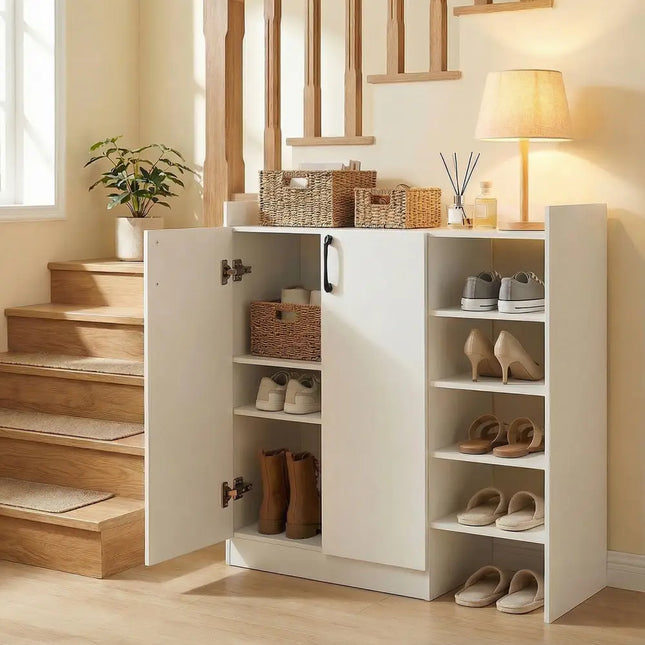 Shoe Cabinet with 2 Doors Shoe Storage Organizer with 2 Adjustable Inner Shelves-White - White - Shoe Racks & Storage