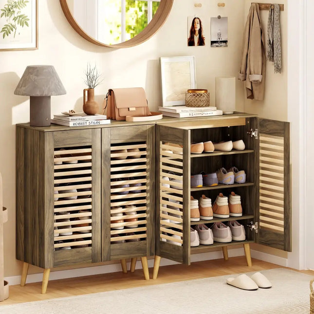 Shoe Cabinet with Louvered Doors and Removable Shelves-Walnut - Walnut - Shoe Racks & Storage Benches