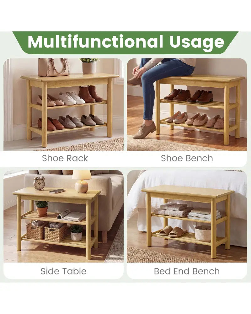 Shoe Rack Bench 3-Tier Rubberwood Shoe Changing Bench-Natrual - Natural - Shoe Racks & Storage Benches