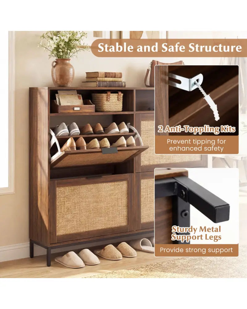 Shoe Storage Cabinet with 4 Flip Drawers Narrow Freestanding Shoe Organizer with Adjustable Shelves-Brown - Natural