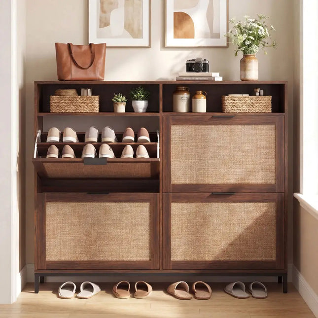 Shoe Storage Cabinet with 4 Flip Drawers Narrow Freestanding Shoe Organizer with Adjustable Shelves-Brown - Natural