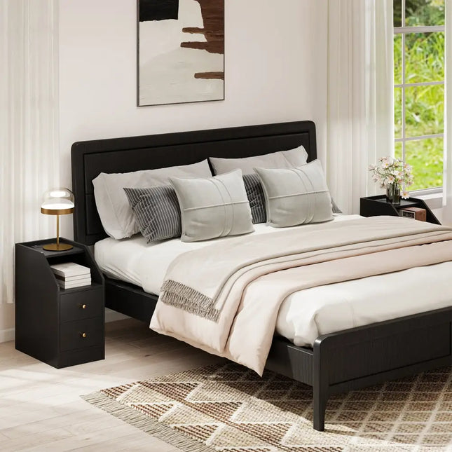 Side End Table with Charging Station Sofa Couch Table with Shelf Drawers-Black - Black - End & Side Tables
