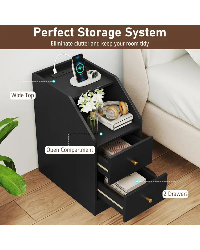 Side End Table with Charging Station Sofa Couch Table with Shelf Drawers-Black - Black - End & Side Tables