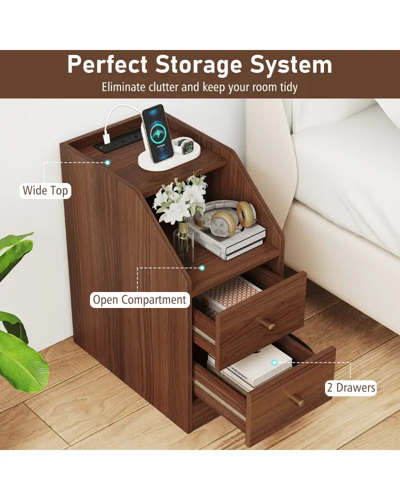 Side End Table with Charging Station Sofa Couch Table with Shelf Drawers-Walnut - Walnut - End & Side Tables