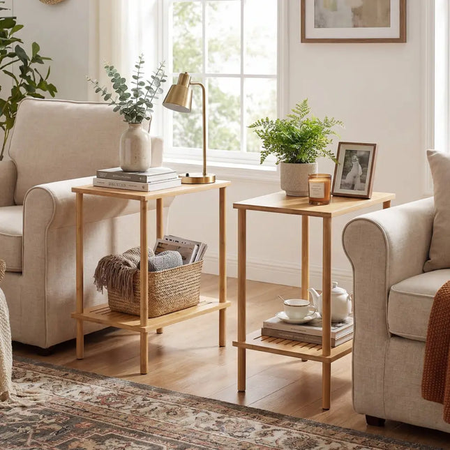 Side Table Set of 2 2-Tier Bamboo End Table with Storage Shelves Rectangular Tea Sofa Table-Natural - Natural - End &