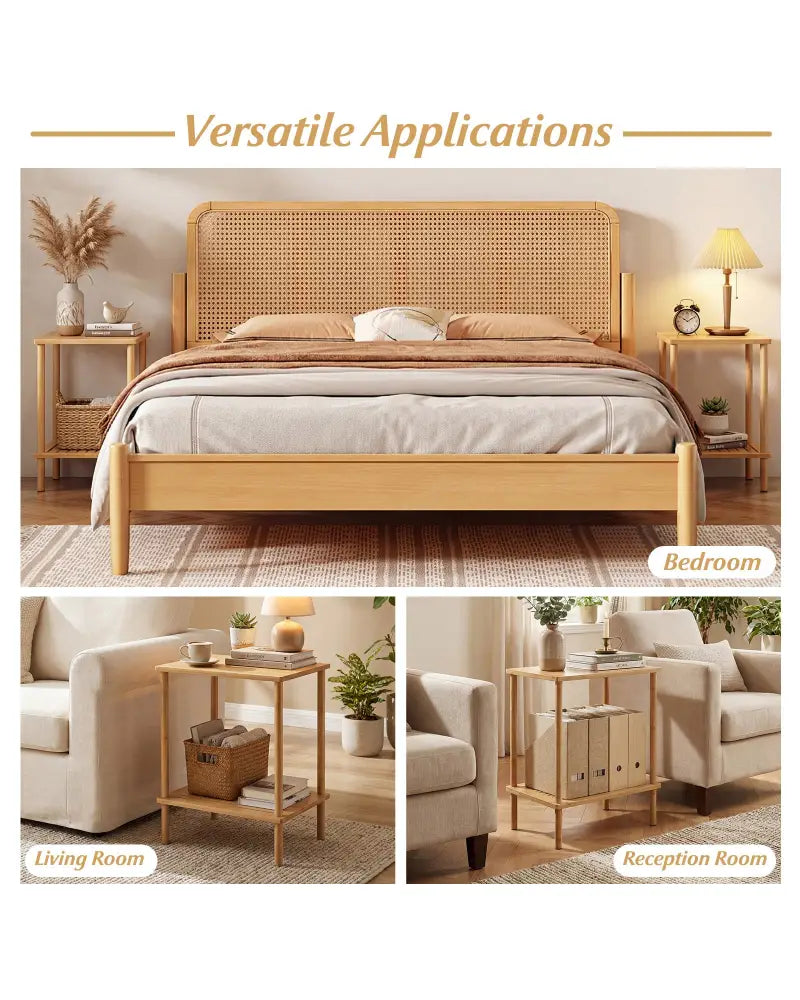 Side Table Set of 2 2-Tier Bamboo End Table with Storage Shelves Rectangular Tea Sofa Table-Natural - Natural - End &