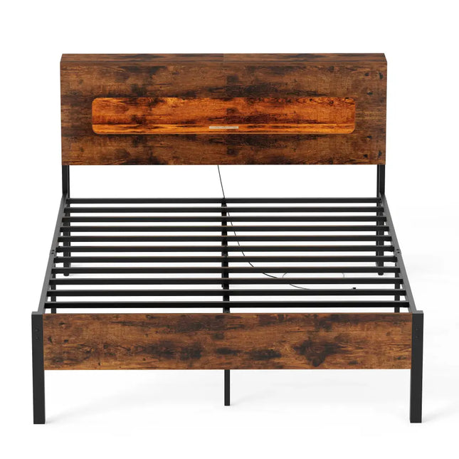 Slatted Full Bed Frame with LED Lights and Storage Headboard No Box Spring Needed-Full Size - Simple Bed Frame