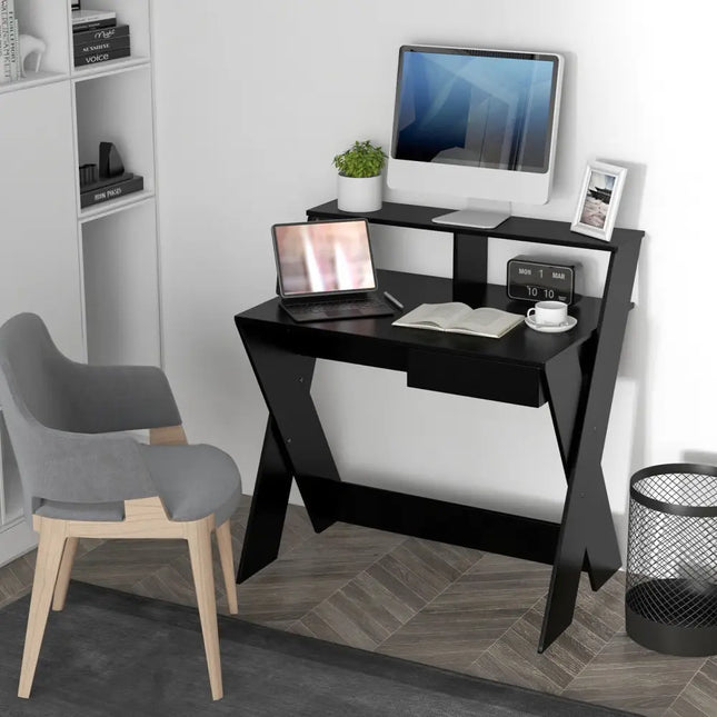 Small Computer Desk with Storage Drawer-Black - Black - Writing Desks