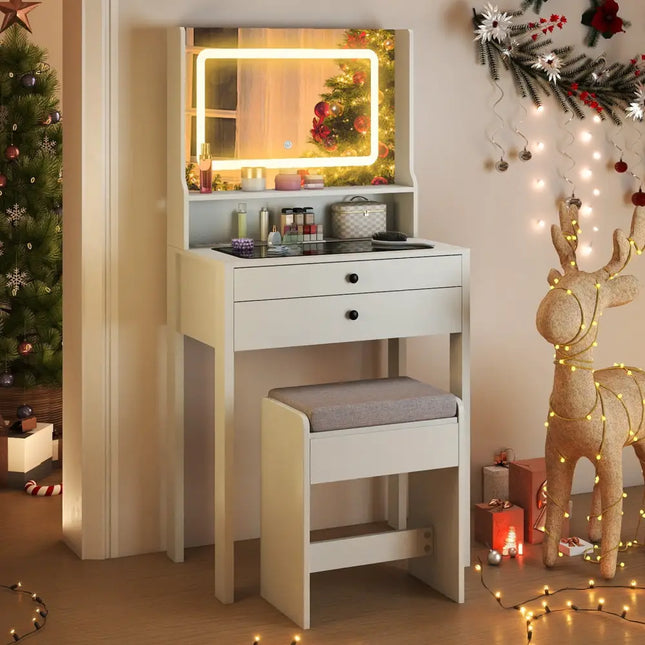 Small Vanity Desk with Mirror and Lights for Bedroom-White - White - Makeup Vanities