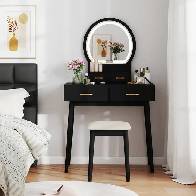 Small Vanity Makeup Dressing Table Set with Cushioned Stool and LED Lighted Mirror-Black - Black - Makeup Vanities